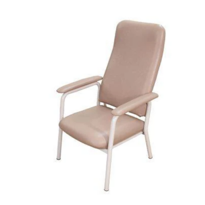 Chair with full-length padded arms, contoured backrest for lumbar support, and adjustable seat height and angle. 