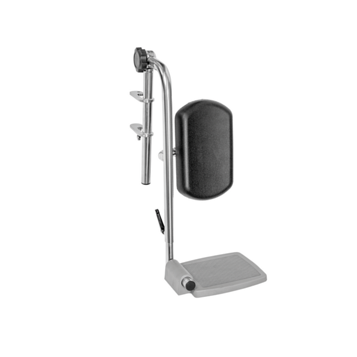 Adjustable stainless steel leg and footrest with padded calf support for Juvo Shower Commodes. Designed for user comfort and stability during use.