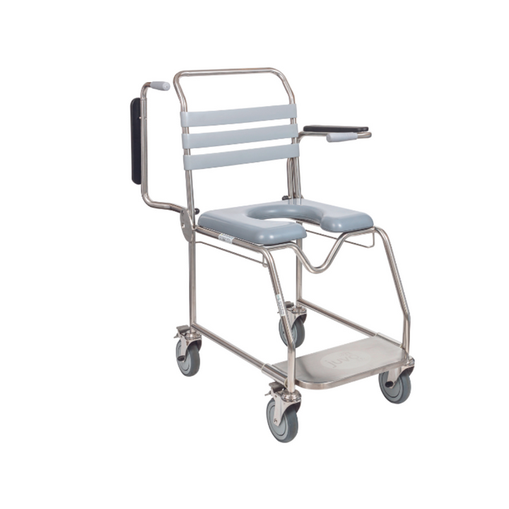 The Juvo 1000 series aids patient transport for showering and toileting. Its swing-back arms support easier side transfers with two height settings.