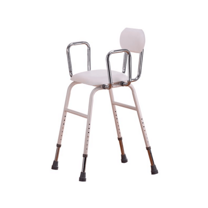 pink high stool with high arms and a backrest