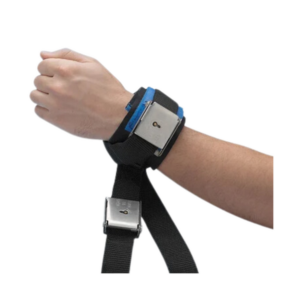 a hand with a Posey Limb Holder secured at the wrist. The Cuff is black and blue and has two locks secured to the strap