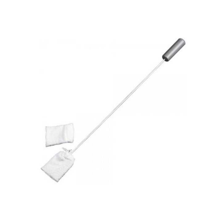 long wire with a handle on one end and a square fabric attachments on the other