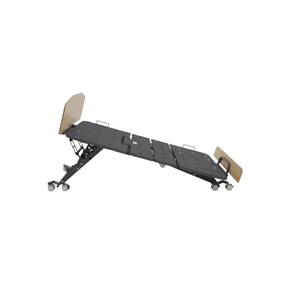 Low-height floorline bed with electric functions, dual 200/300kg SWL, and auto-regression. Ideal for fall prevention and safe, easy patient transfers.