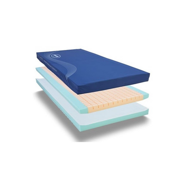 Mattress with Patented Glide System for full frame conformity, waterproof 2-way stretch PU cover, high-frequency welded seams, concealed zip flap, and deep contoured insert pad for enhanced pressure relief.