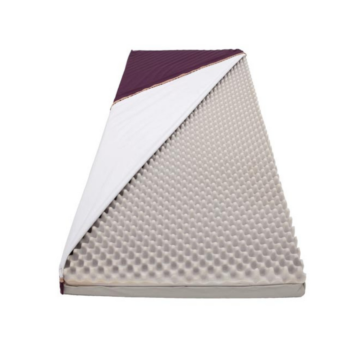 Cross-section of a 2-layer mattress with a convoluted upper layer for circulation and weight distribution, resilient base for support, and a vapour-permeable, waterproof cover that reduces shear forces and improves skin condition.