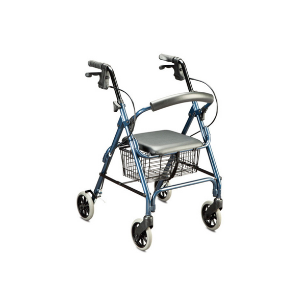 A blue walker that has handle with brakes, 4 wheels, a cushioned seat and a backet attached underneath the seat