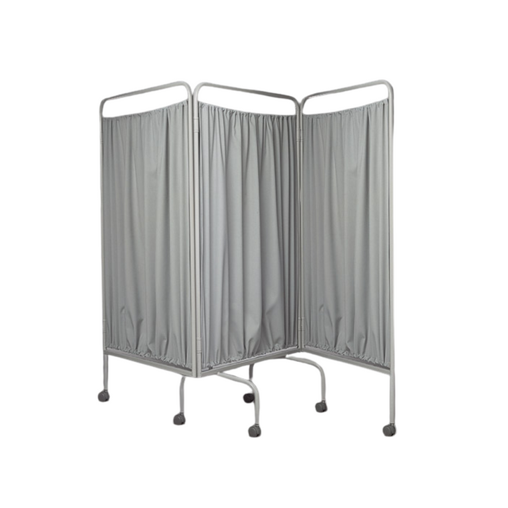 This folding privacy screen is made from a powder coated frame. This mobile frame includes block-out curtains with 50mm castors.