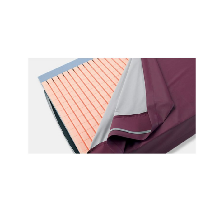 Modular construction mattress with deep contoured insert pad for pressure care, no turning required, double-coated polyurethane sides, 2-way stretch PU waterproof cover, high-frequency welded seams, concealed zip with full-length waterfall flap.