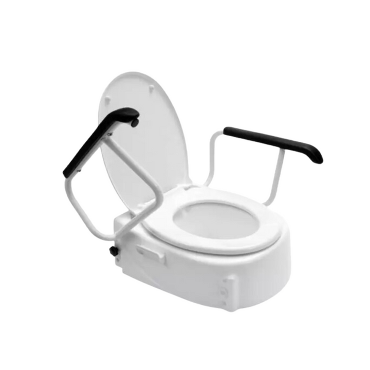 toilet seat with lid and arms that are swung back to show movement