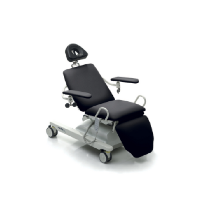 Electrically adjustable chair with custom leg, back, and headrest positions. Easy access, Trendelenburg capable, and easy to clean for clinical environments.