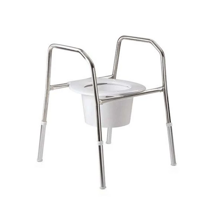 Image of a steel over toilet aid with high arms and a removable white toilet bowl