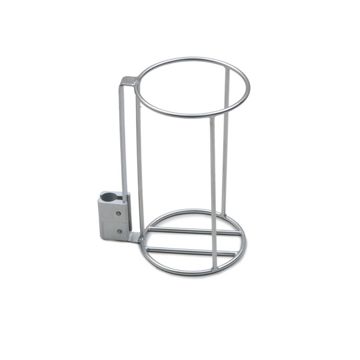 Clamp-on C size oxygen bottle holder compatible with Juvo commodes.