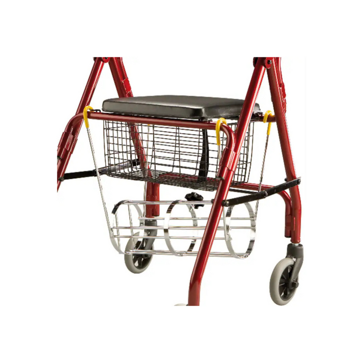 The holder easily attaches beneath the seat frame using four plastic-coated hooks, ensuring a stable and secure fit. It is specifically designed to accommodate Type C oxygen cylinders and can be removed effortlessly for storage or transportation.