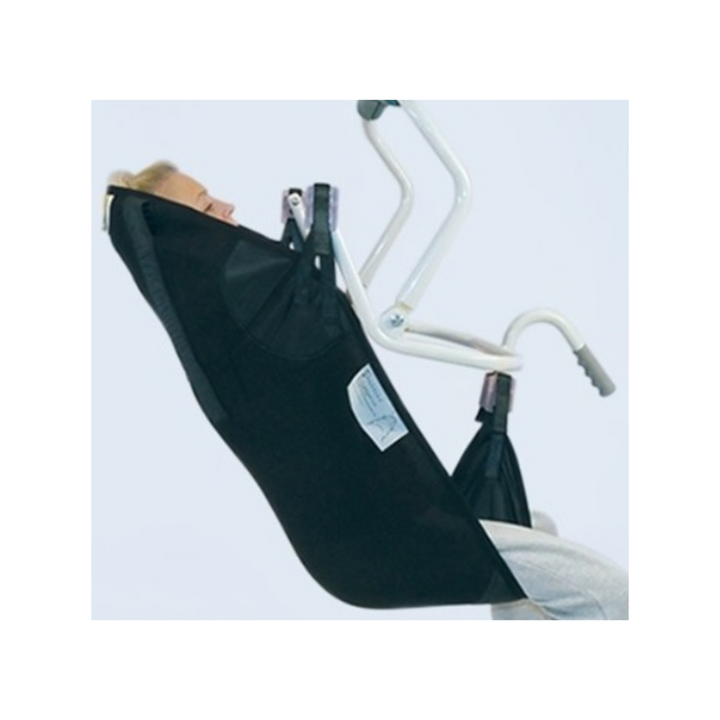 It has soft bindings to protect sensitive areas like under the thighs and a tailored base to reduce excess fabric for a better fit. The sling includes a removable head support brace and optional removable attachments, providing comfort and safety. 