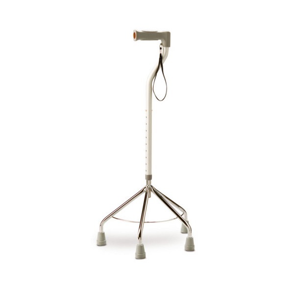 Silver walking stick with an offset large base and a wrist strap for added security