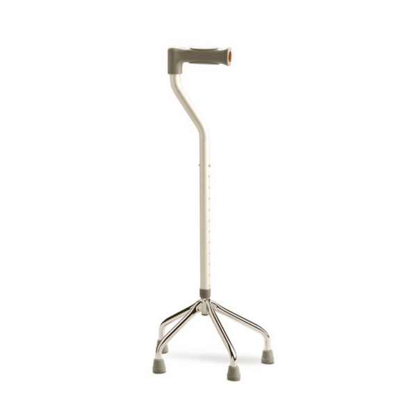 image of a silver walking stick with a grey handle and an offset base