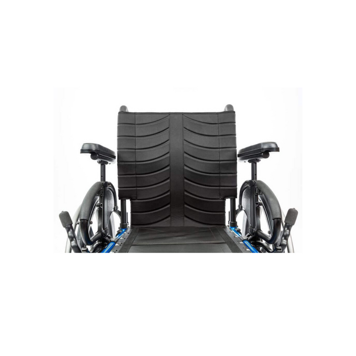 Black wheelchair with blue accents on a white background
