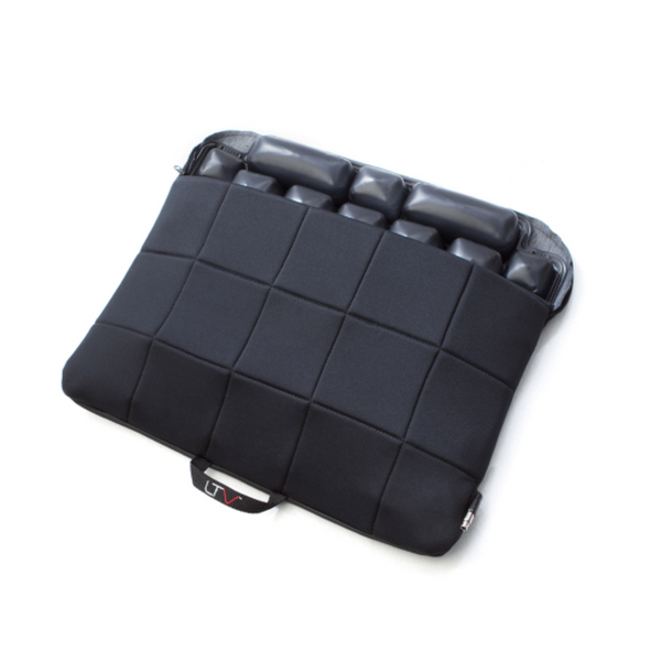 image of the roho ltv cushion showing inflated air cells and covered partially with a removable padded woollen cover