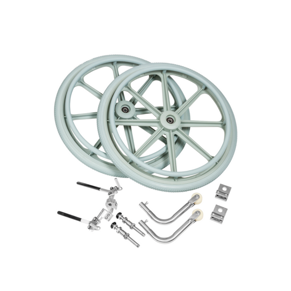 Self Propelling Kit including 2 x JH530 22″ wheels excluding Push rims, 2x axle bolts, Nuts and spacer JH544 Antitip bar pair including fixing bolts