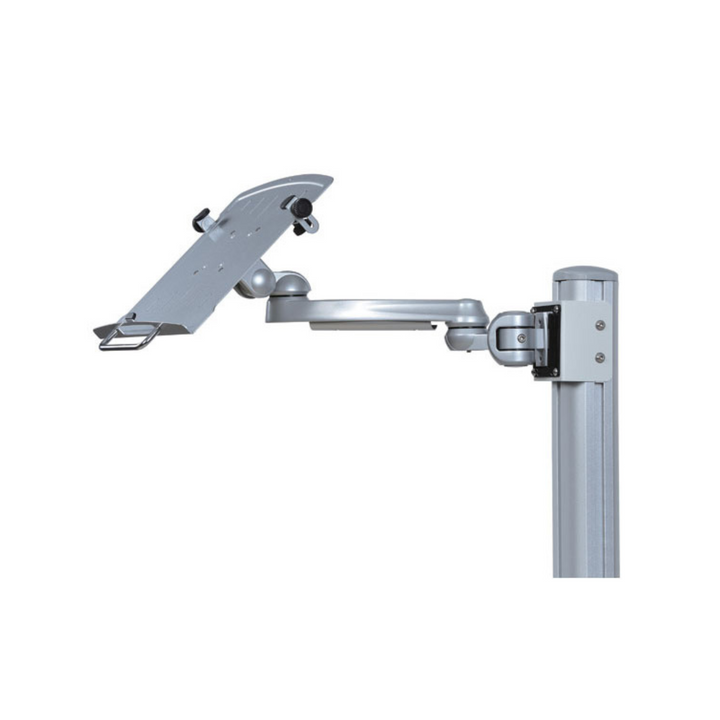 Adjustable medical equipment mounting arm with a tilting platform, secure clamps, and a sturdy attachment to a vertical rail.