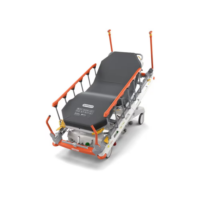Reliable and functional, this hospital stretcher supports efficient patient transport with integrated scales, bed exit alarm, hydraulic lift, and foot controls. Designed for smooth mobility and ease of use with directional castors and collapsible side rails.