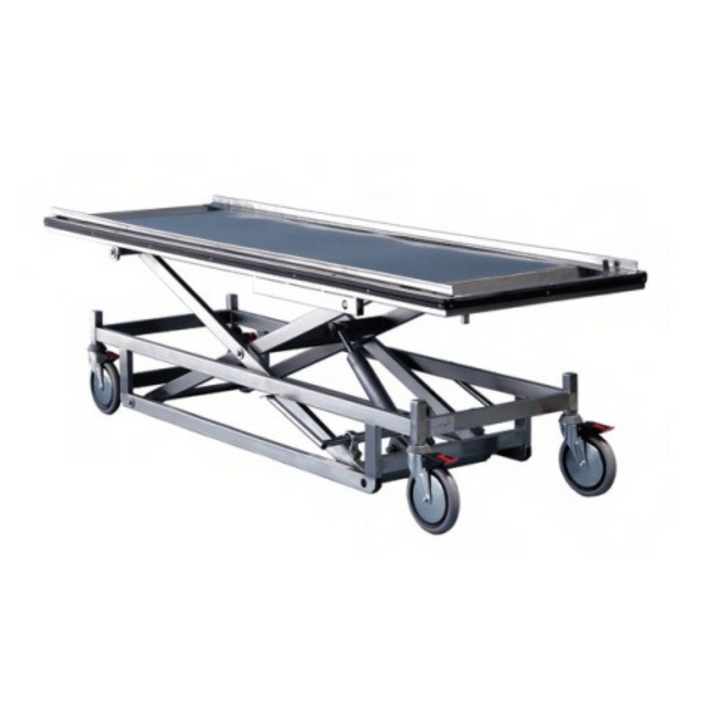 Stainless steel mortuary trolley with battery-powered electric height adjustment, removable side rails, ergonomic push bars, and large castors for easy mobility. Includes a concealment cover for discreet transportation and viewing.