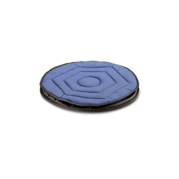 Blue cushion is a circle form, with a quilted top panel and a black base.