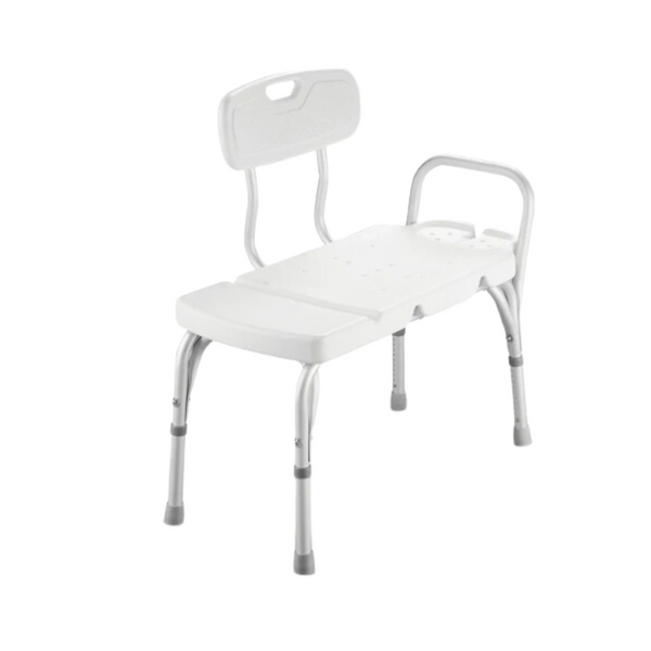 white long shower bench with a backrest and a support arm to the left and a dish below the arm to hold soap