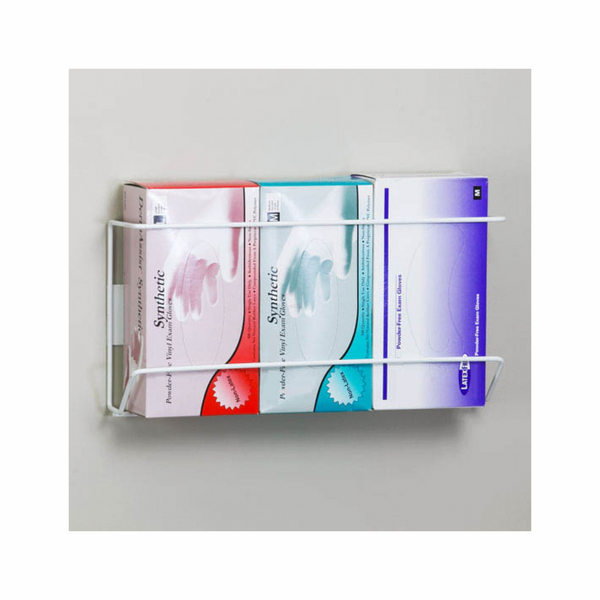 Wall-mounted powder-coated steel glove holder with open front for easy access, fits standard glove boxes, and features a wipe-clean surface for hygiene.