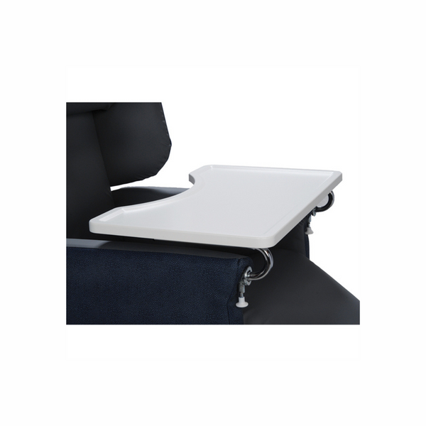 Curved tray table for Cloud Comfort Chair with flat surface for meals, secure locking mechanism, and ergonomic design for close user access.