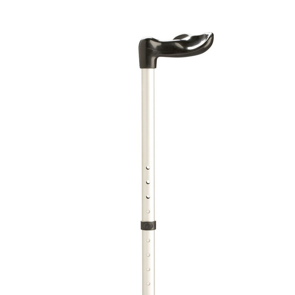 silver walking stick with black fisher moulded handle