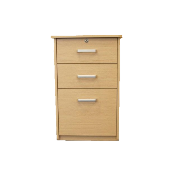 Moisture-resistant bedside cabinet with beech vinyl drawers, durable ABX edging, 30kg metal runners, and Australian-made quality construction.