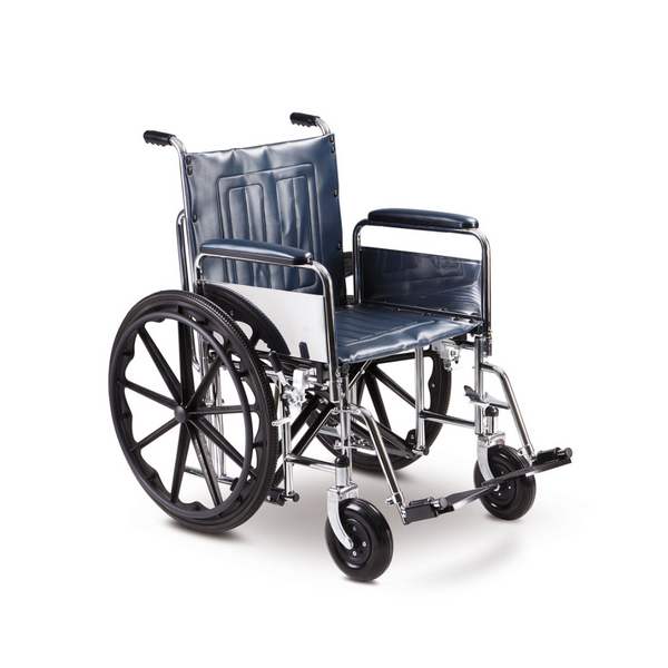 The heavy-duty bariatric wheelchair is built with a strengthened frame for the heavier client. This wheelchair is fitted with swing-away removable leg rests and removable armrests.