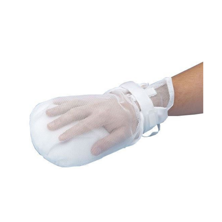 a hand with a white padded mitt that has a mesh back