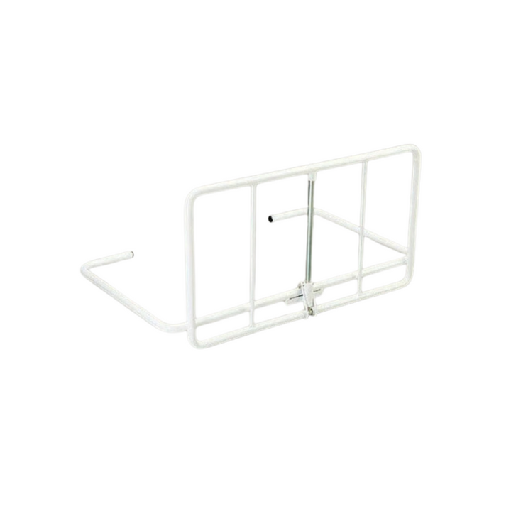 an L-shaped bed rail which is wide and made up of four support bars and an adjustable height lever in the center