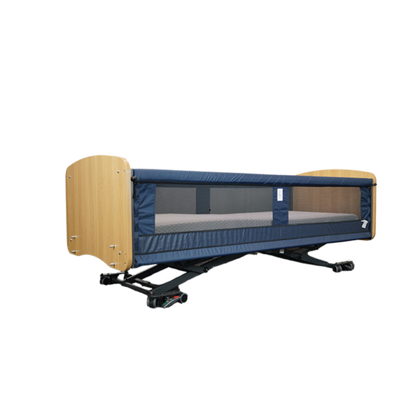 bed with fabric side rails. the bed is mounted on a metal structure