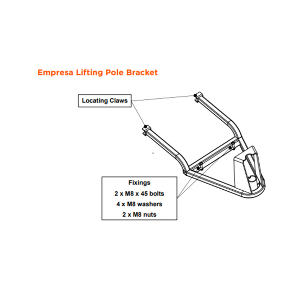 drawing of the bed pole bracket showing its parts, like the locating claws that are positioned on the base of the L shaped bracket that can be attached to a bed base