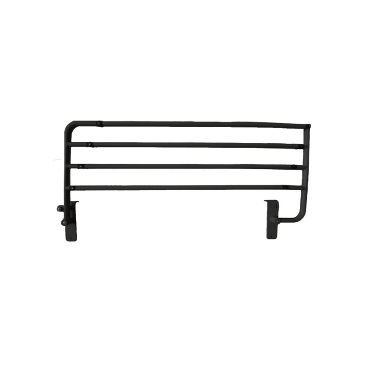 black bed rails with 4 horizontal bars connected to metal frame