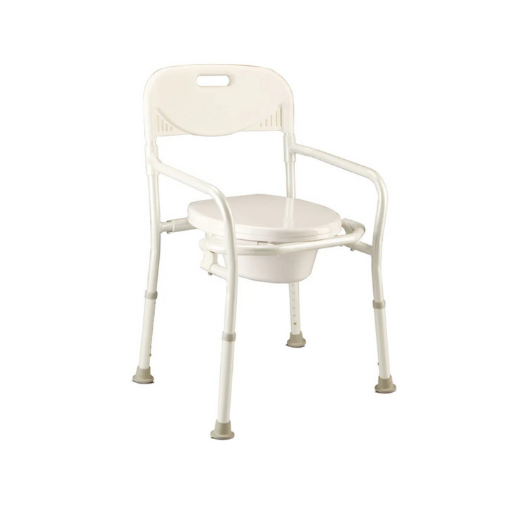 Toilet seat with lid and removable commode bowl, adjustable seat height, folding lightweight aluminium frame with non-slip rubber tips.