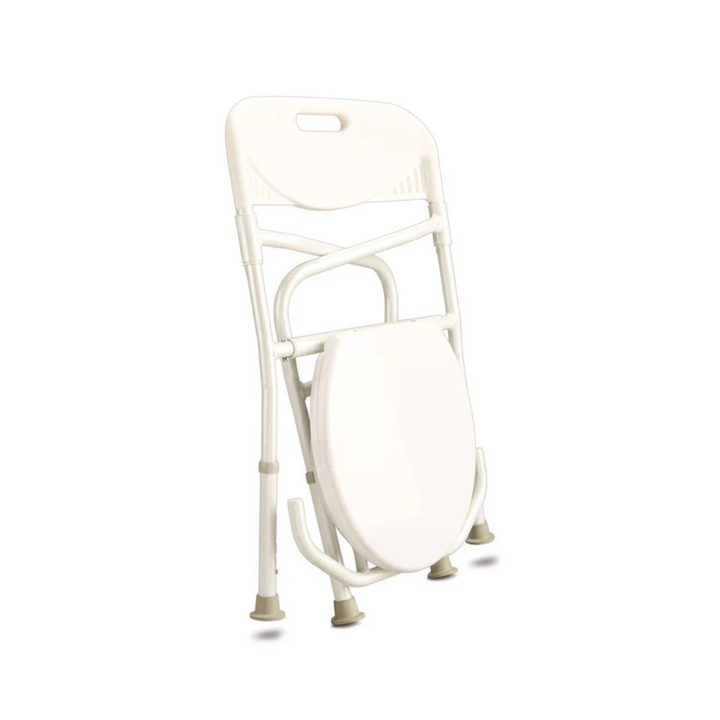 Toilet seat with lid and removable commode bowl, adjustable seat height, folding lightweight aluminium frame with non-slip rubber tips.