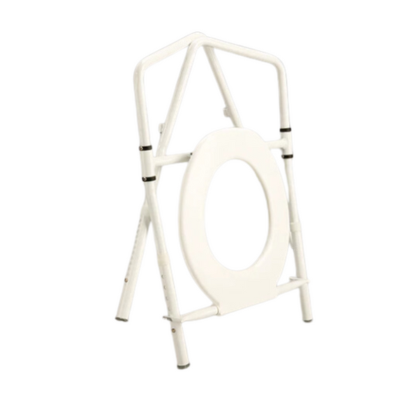 off white over toilet aid with a seat and rubber stopper on its legs, folded