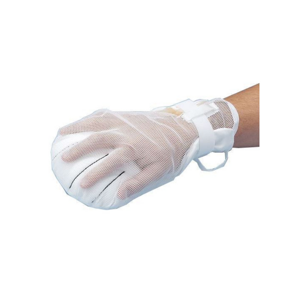  A hand wearing a white mesh mitt with separated closures for each finger