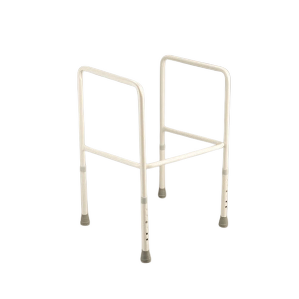 four legged steel frame with a cross bar and holes on the legs to adjust the height