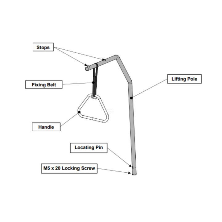 drawing of the self help pole showing how the pole attaches to the bracket base and the handle