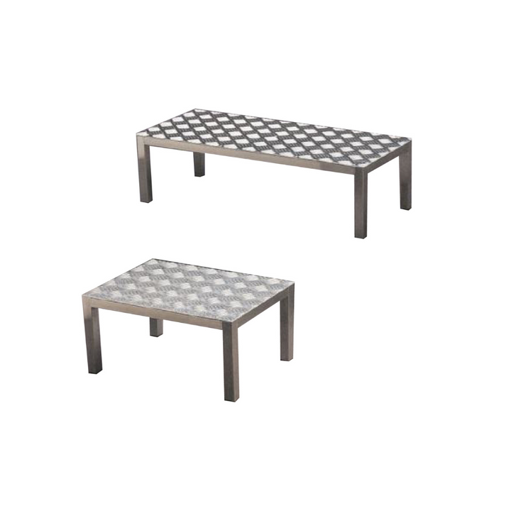 One step stool with aluminium tread plate and stainless steel frame.