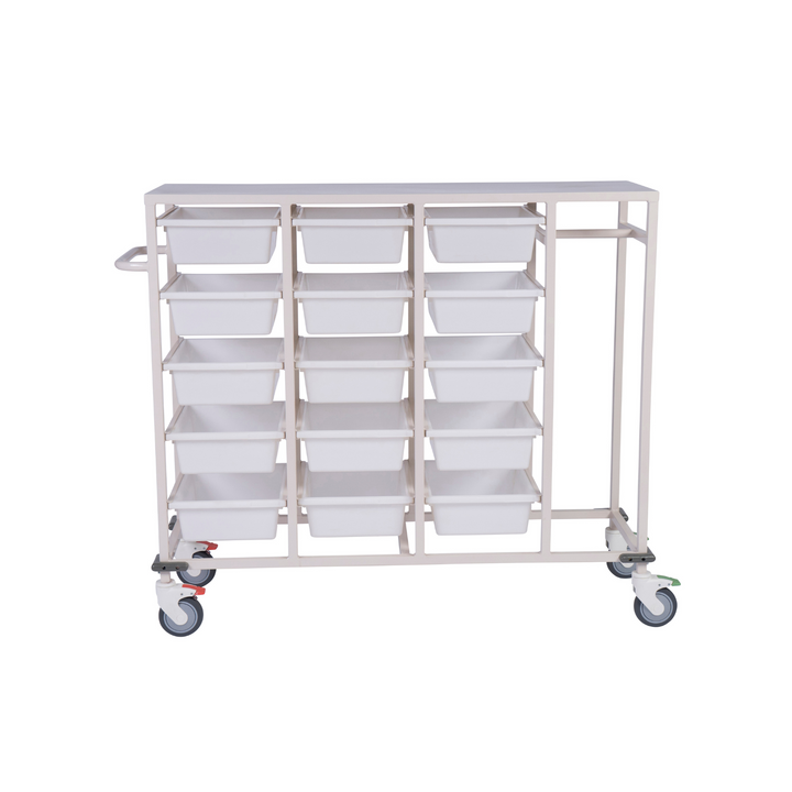 Mobile storage trolley with a sturdy metal frame, multiple white plastic bins for organised storage, and lockable caster wheels for easy manoeuvrability.