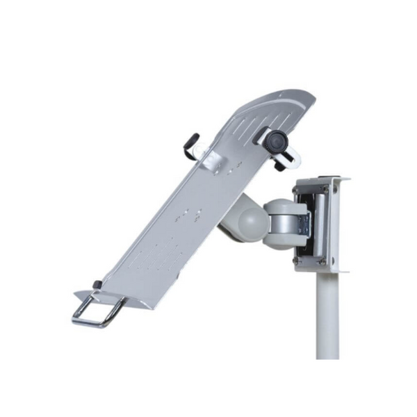 Adjustable medical equipment note book mount with a tilting platform, secure clamps, and a sturdy attachment to a vertical rail.
