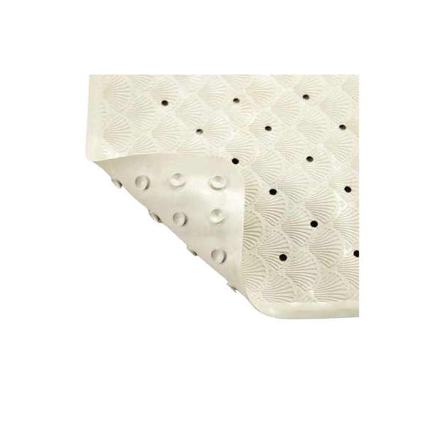 beige non slip bath mat with holes to drain excess water and suction cups at the bottom to provide a strong grip 