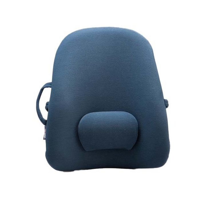 image of a rigid framed orthopaedic back support with contoured design to relieve back pain and promote correct posture. Soft foam covering for comfort. Includes removable adjustable lumbar pad and elasticised strap for secure attachment. High back model offers extended neck and head support, ideal for long drives or limited vehicle headrests.