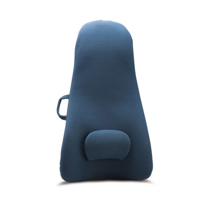 image of a rigid framed orthopaedic back support with contoured design to relieve back pain and promote correct posture. Soft foam covering for comfort. Includes removable adjustable lumbar pad and elasticised strap for secure attachment. High back model offers extended neck and head support, ideal for long drives or limited vehicle headrests.